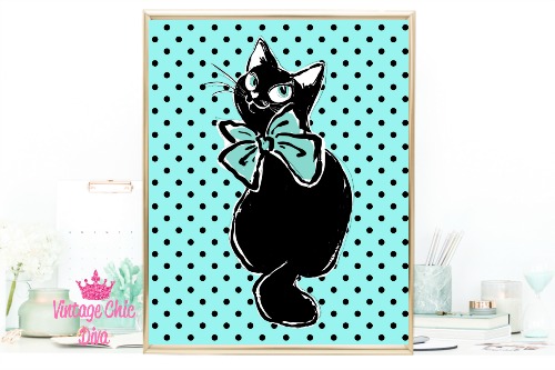 Audrey Cat Black Dots Teal Background-