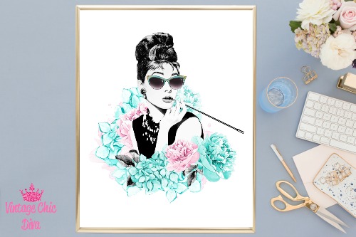 Audrey Hepburn Floral Glasses White Background-