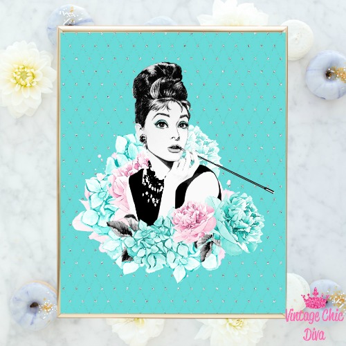 Audrey Hepburn Floral Teal Silver Background-