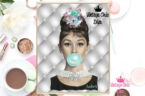 Audrey Hepburn Silver Tufted Background-