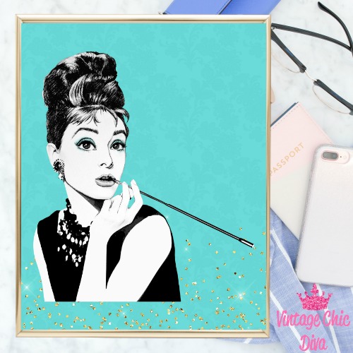 Audrey Hepburn Teal Gold Glitter Background-