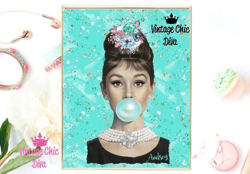 Audrey Hepburn Teal Gold Glitter Dots Background-