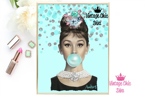 Audrey Hepburn Teal Silver Dots Background-