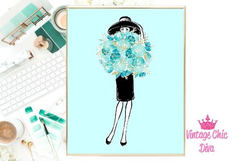 Audrey With Flowers Teal Background-