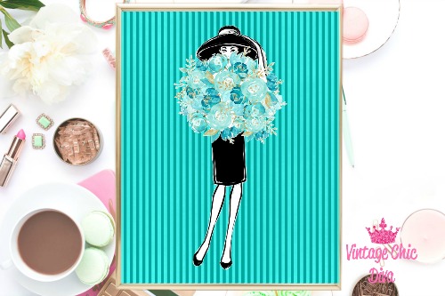 Audrey With Flowers Teal Stripes Background-