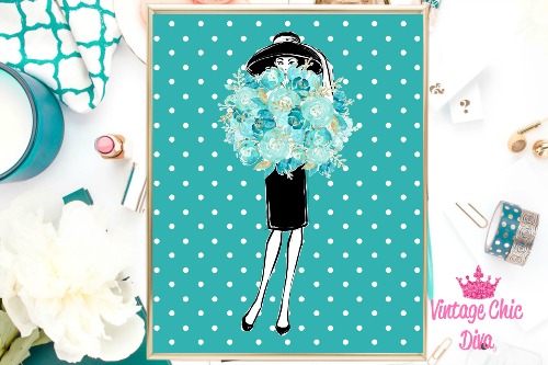 Audrey With Flowers Teal White Dots Background-