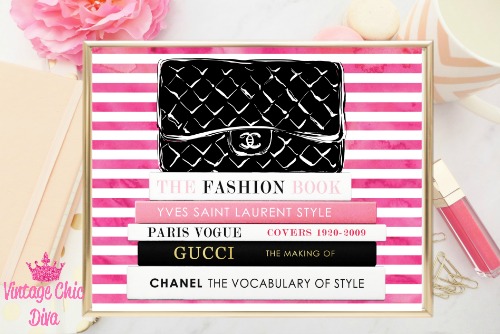 Chanel Black Purse Books Pink White Stripes Background-