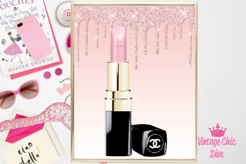 Chanel Pink Lipstick Pink Glitter Drip Background-