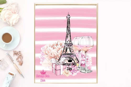 Eiffel Tower Pink Set Pink Stripe Background-