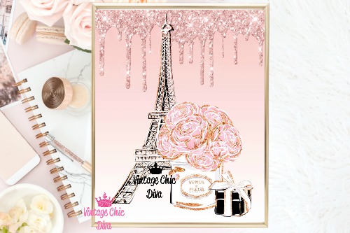 Eiffel Tower Set Pink Glitter Drip Background-