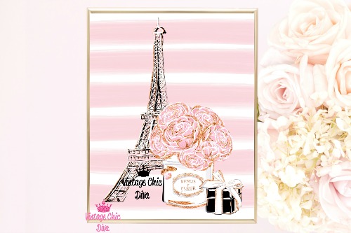 Eiffel Tower Set Pink White Stripe Background-