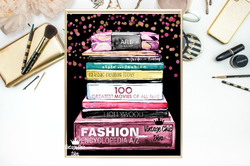Fashion Books Pink Gold Dots Black Background-