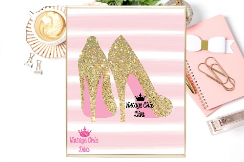 Gold Sparkle High Heels Pink White Stripe Background-