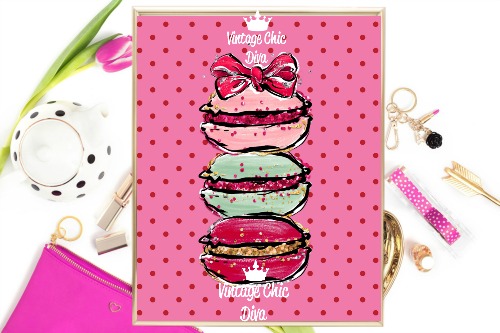 Macaron Set Bow Pink Red Dots Background-
