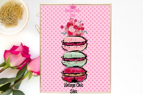 Macaron Set Floral Pink Dots Background-