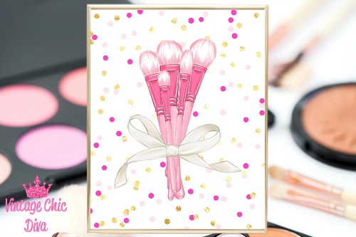 Pink Makeup Brush Set Pink Gold Confetti Background-