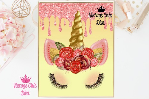 Unicorn Face82 Gold Pink Glitter Drip Background-