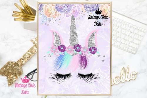 Unicorn Face87 Purple Flower Background-