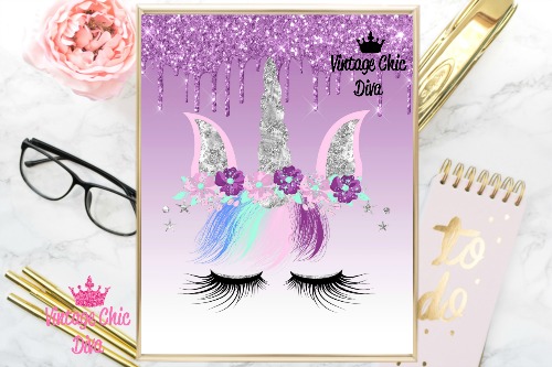 Unicorn Face87 Purple Glitter Drip Background-