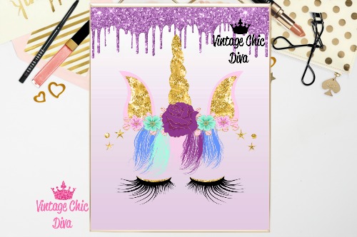 Unicorn Face88 Purple Glitter Drip Background-