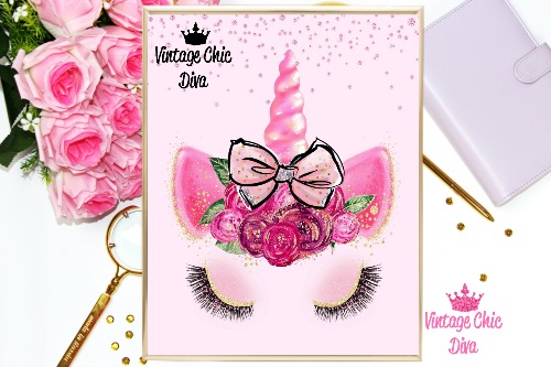 Unicorn Face Bow81 Pink Diamonds Background-