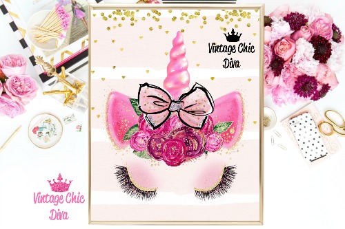Unicorn Face Bow81 Pink Gold Dots Background-