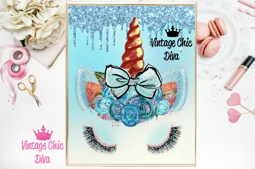 Unicorn Face Bow84 Blue Glitter Drip Background-