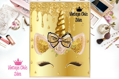 Unicorn Face Bow85 Gold Glitter Drip Background-