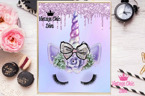 Unicorn Face Bow86 Purple Glitter Drip Background-