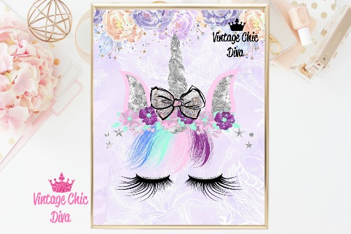 Unicorn Face Bow87 Purple Flower Background-