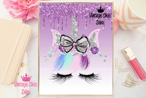 Unicorn Face Bow87 Purple Glitter Drip Background-
