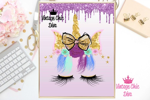 Unicorn Face Bow88 Purple Glitter Drip Background-