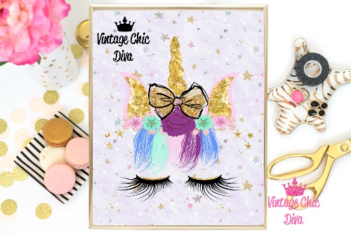 Unicorn Face Bow88 Purple Stars Background-