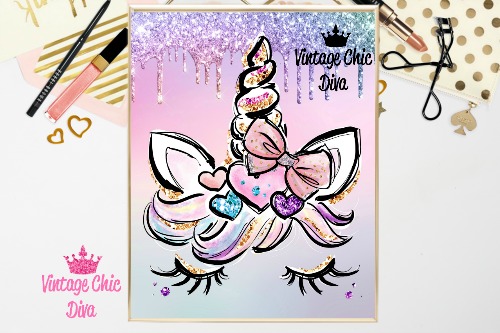 Unicorn Face Bow89 Rainbow Glitter Background-