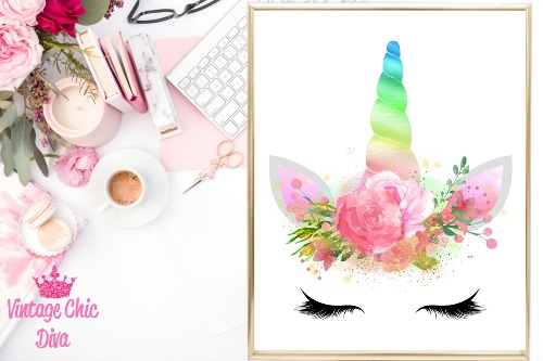 Unicorn Face Rainbow Black Lash Down White Background-