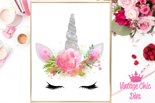 Unicorn Face Silver Black Lash Down White Background-