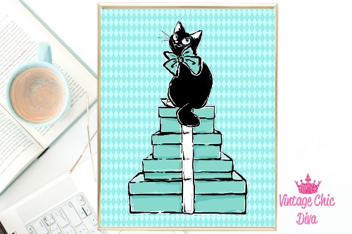 Audrey Cat Boxes Teal Diamond Background-