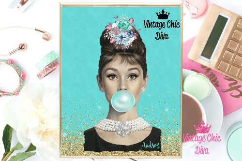 Audrey Hepburn Gold Glitter Teal Background-