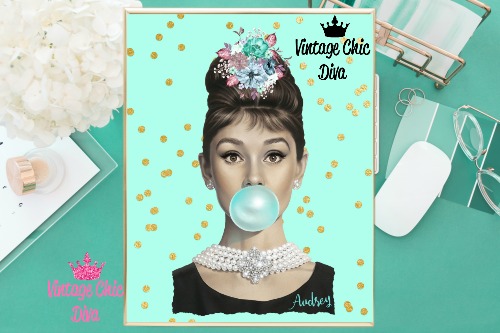 Audrey Hepburn Mint Gold Dots Background-