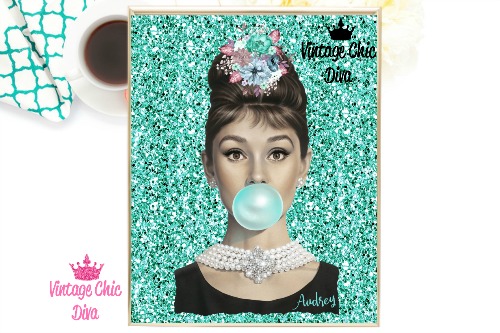 Audrey Hepburn Teal Glitter Background-