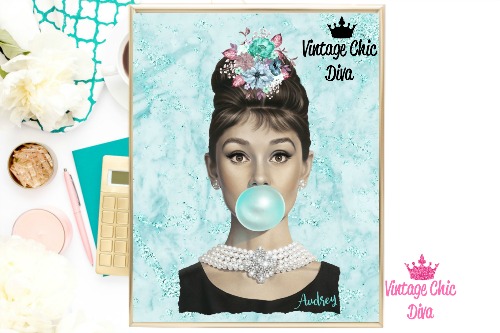 Audrey Hepburn Teal Marble Glitter Background-