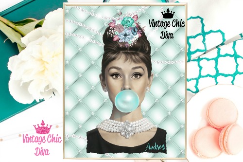 Audrey Hepburn Teal Tufted Background-