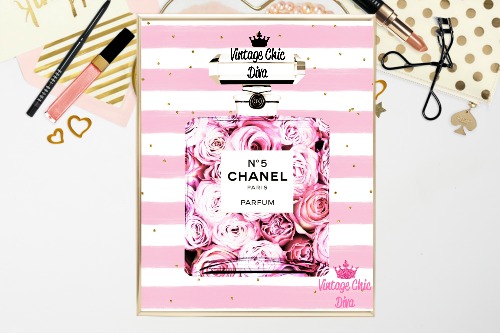 Chanel Perfume Floral Pink White Gold Dots Background-