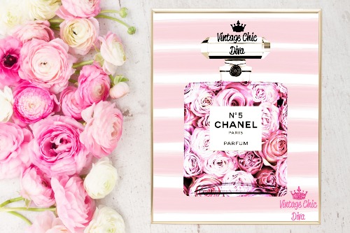 Chanel Perfume Floral Pink White Stripe Background-