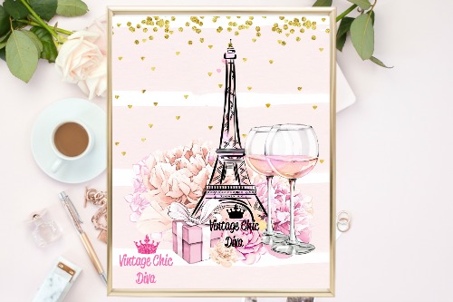 Eiffel Tower Pink Set Pink Gold Dots Background-
