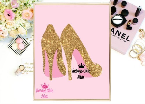 Gold Glitter High Heels Light Pink Background-