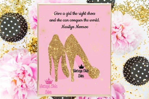 Gold Glitter High Heels Pink Gold Stars Background-