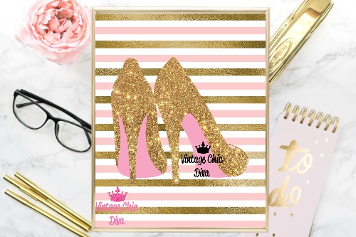 Gold Glitter High Heels Pink Gold Stripe Background-