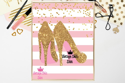 Gold Glitter High Heels Pink White Stripe Background-