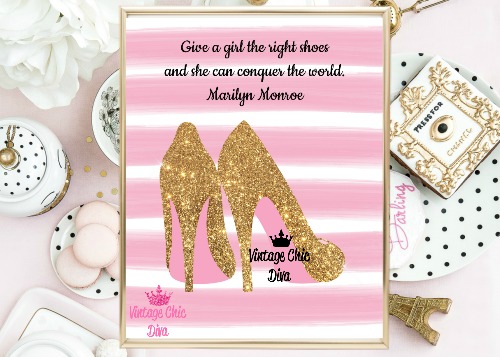 Gold Glitter High Heels Pink White Stripes Background-